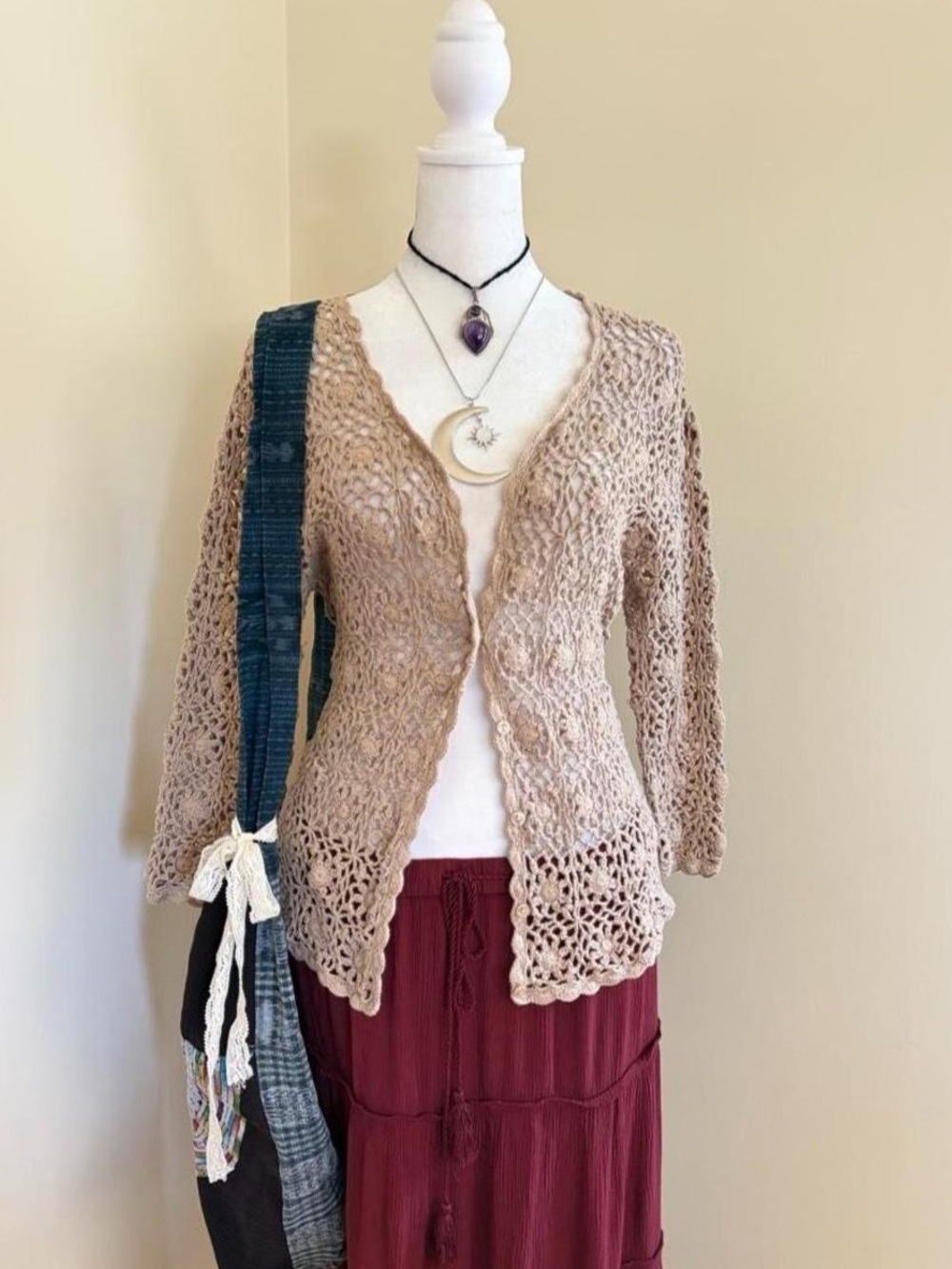 Vintage Y2K floral crochet lace sheer tan beige cardigan boho fairy cotton M